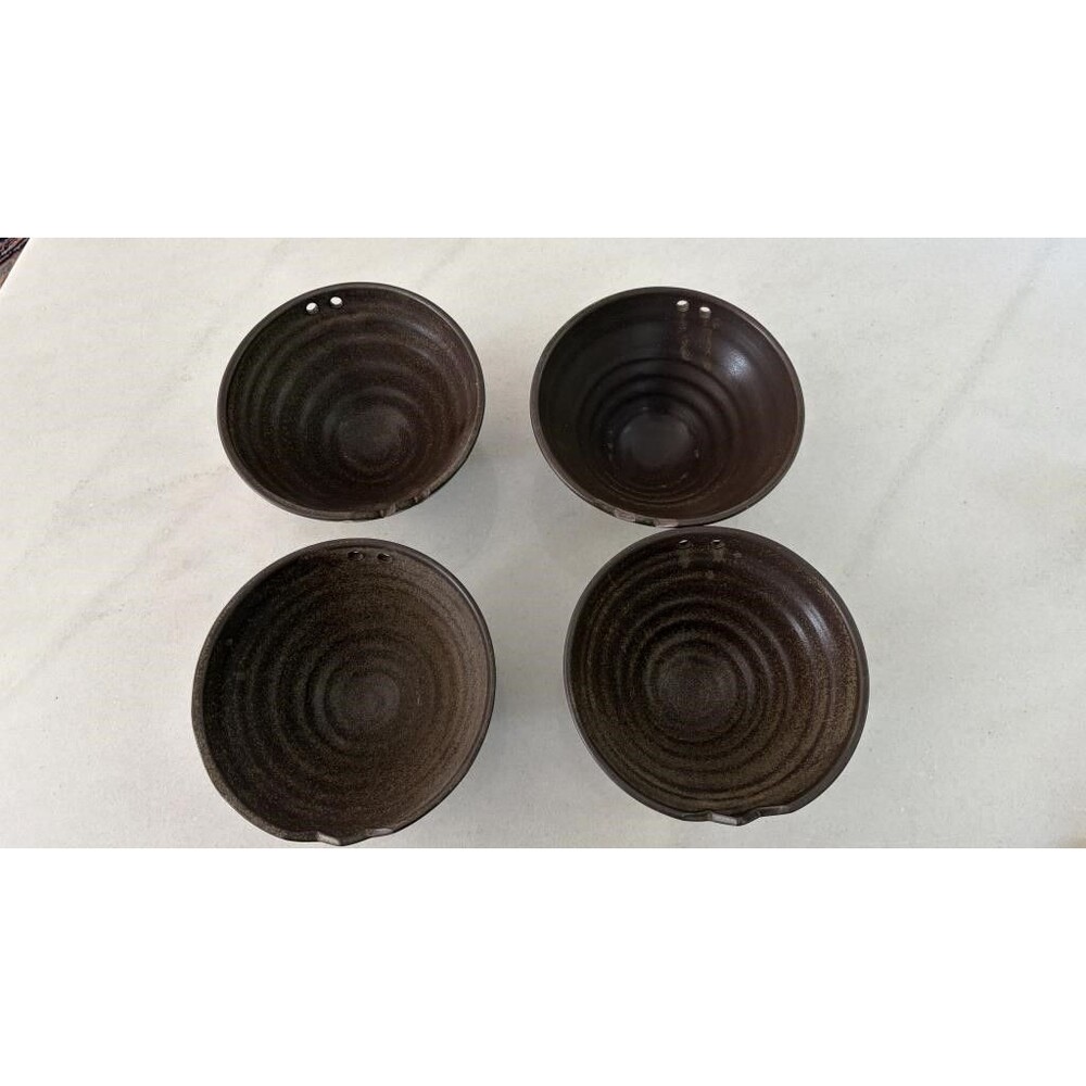 4 Brown Stoneware Noodle Bowls - Built-In Chopstick Rest Holes & Notches Set